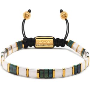 Nialaya, Accessoires, Dames, Geel, S, Nylon, Armband met witte, patinagroene en gouden Miyuki Tila kralen