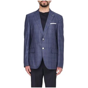 Hugo Boss, Jassen, Heren, Blauw, 2Xl, Wol, Geruite Jas van Wolmix met Linnen