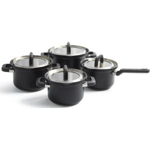 BK Flow Cool Black Glas kookpannenset - 4-delig - zwart - glazen deksel - veilig afgietsysteem - inductie