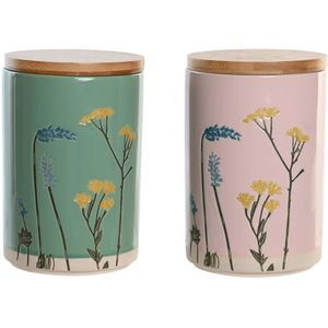 Tin DKD Home Decor 11,5 x 11,5 x 17,5 cm Gebloemd Roze Groen Bamboe Keramiek Shabby Chic (2 Stuks)