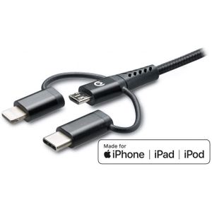 Mobilize Strong Nylon Cable 3in1 USB to Micro USB, USB-C, Apple MFi Lightning 1.5m Black