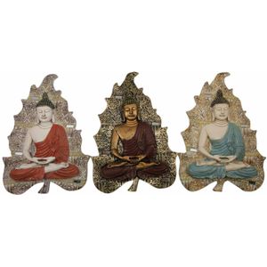 Wanddecoratie DKD Home Decor 19 x 3,1 x 26,5 cm Rood Blauw Gouden Boeddha Orientaals (3 Onderdelen)