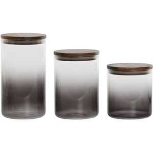 Set van 3 Potjes Home ESPRIT Grijs Natuurlijk Acacia Borosilicaatglas 900 ml 1,5 L 1,2 L 3 Onderdelen