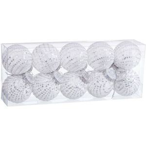 Kerstballen Wit Zilverkleurig Plastic Weefsel Pailletten 6 x 6 x 6 cm (10 Stuks)